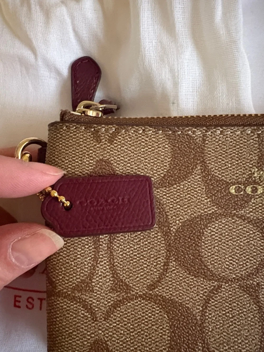 Coach Brown Signature Canvas Wristlet with Burgundy Strap with Dust Cover - Picture 8 of 11